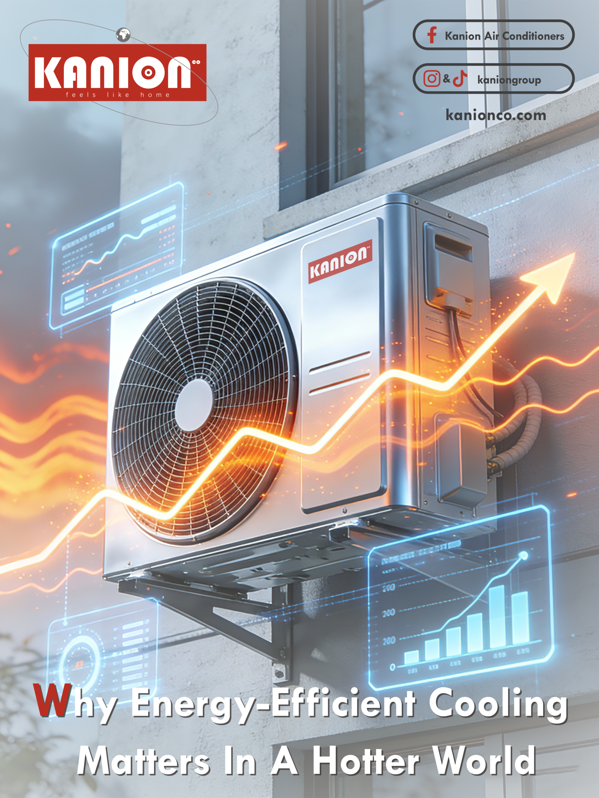 Energy-efficient cooling system on a modern building with heatwave effects, rising temperature graphics, and smart HVAC interface elements