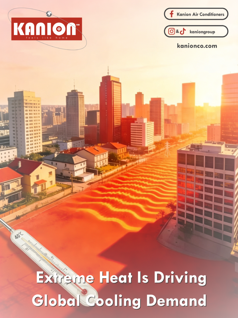 Extreme heat driving global cooling demand across a modern city with heatwave effects, rising temperature, and energy demand graphics
