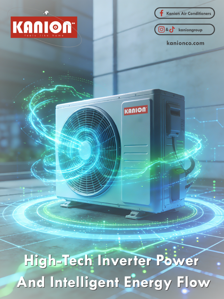 High-tech inverter air conditioner with intelligent energy flow, blue green electric currents, and futuristic digital power effects
