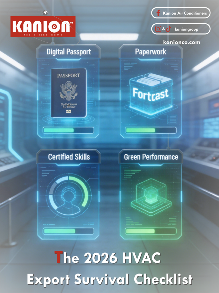 Kanion Co Kanion Co,air conditioner,Kanion HVAC,air conditioner supplier,air conditioning 1 1 Infographic for HVAC Market Entry 2026 survival checklist covering digital passports, paperwork verification, certified skills, and green performance for EU compliance.