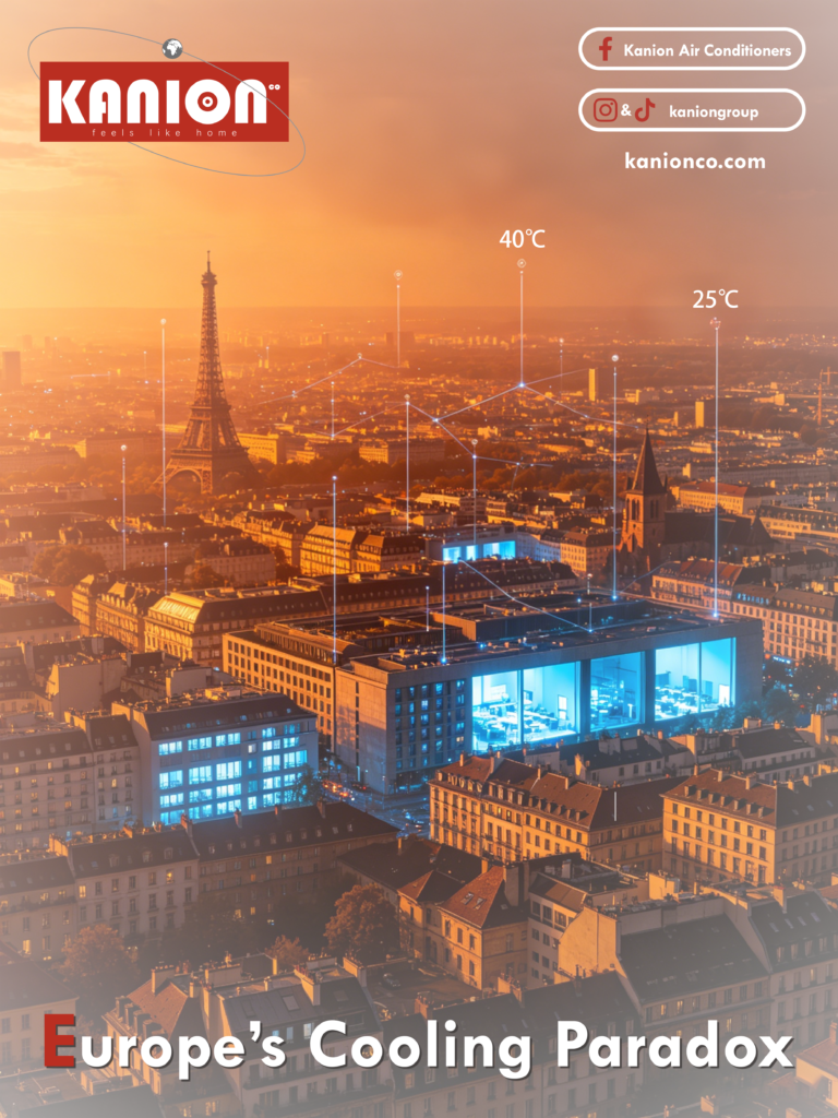 A skyline view of Paris during a heatwave with digital temperature indicators showing 40 degrees Celsius, representing Europe's cooling paradox.
