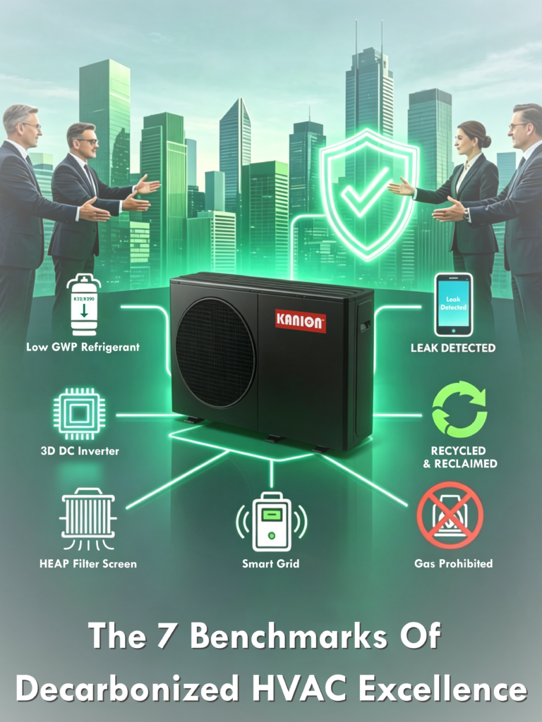 A detailed engineering technical infographic highlighting Kanion Co's low-gwp refrigerant transition benchmarks for decarbonized HVAC excellence, featuring a black premium heat pump and smart grid sustainability icons.