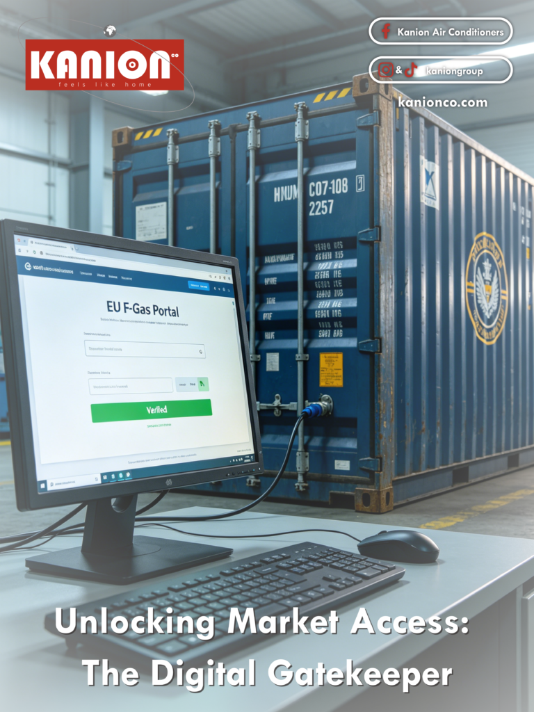 A computer monitor displaying the EU F-Gas Portal login screen with a "Verified" status, set against a shipping container background, titled "Unlocking Market Access: The Digital Gatekeeper."