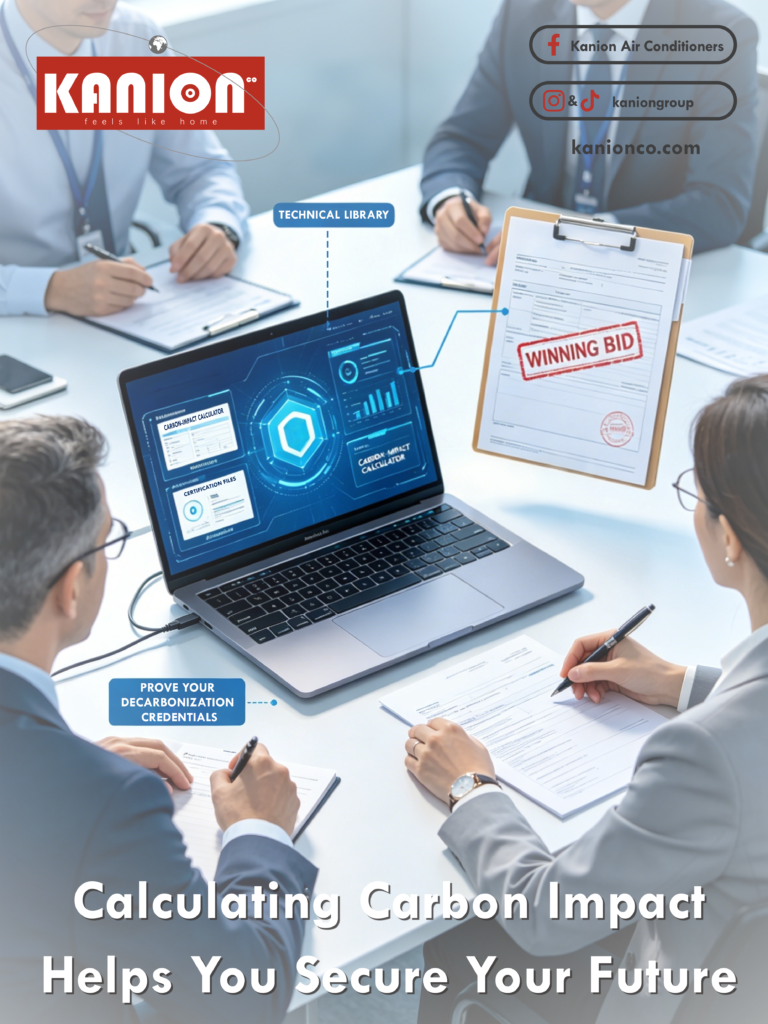 A B2B business presentation from Kanion Co illustrating the low-gwp refrigerant transition using the K-Climate Hub technical library and carbon impact calculator to secure a winning bid on commercial HVAC export projects.