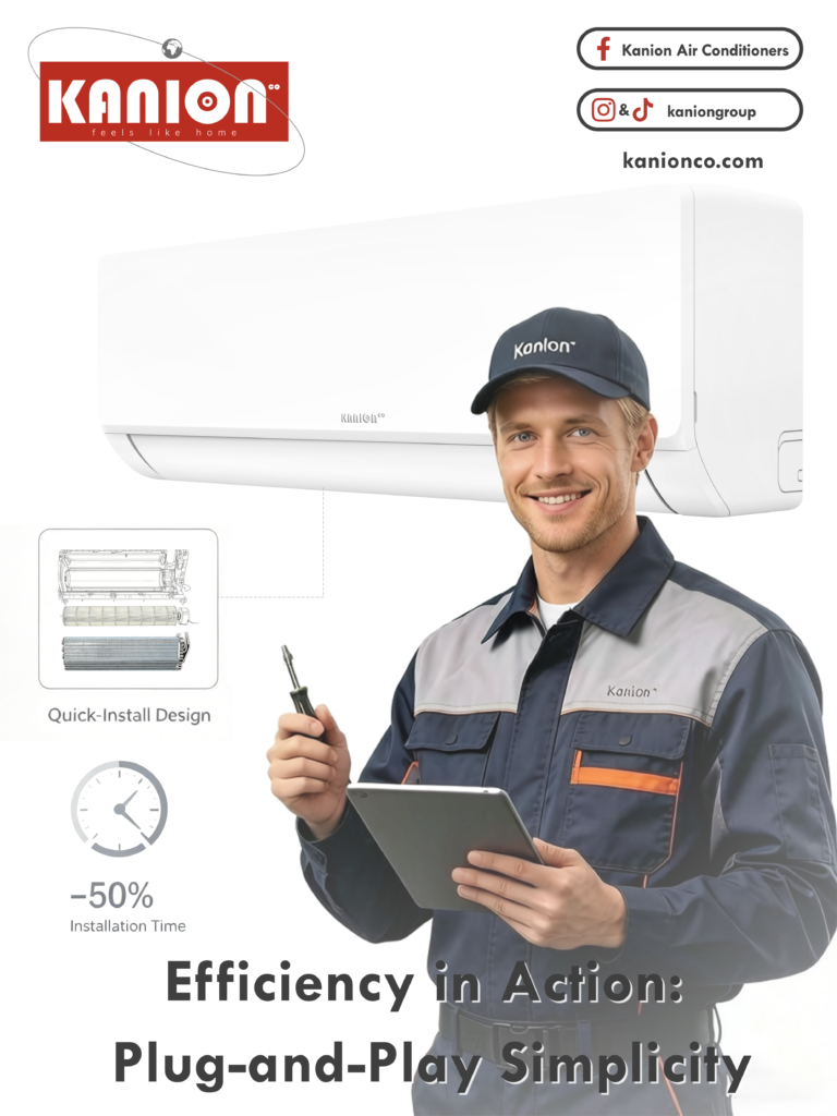 A smiling HVAC technician holding a tablet and screwdriver next to a Kanion Co wall-mounted air conditioner, featuring a "Quick-Install Design" diagram and a "minus 50 percent installation time" icon.