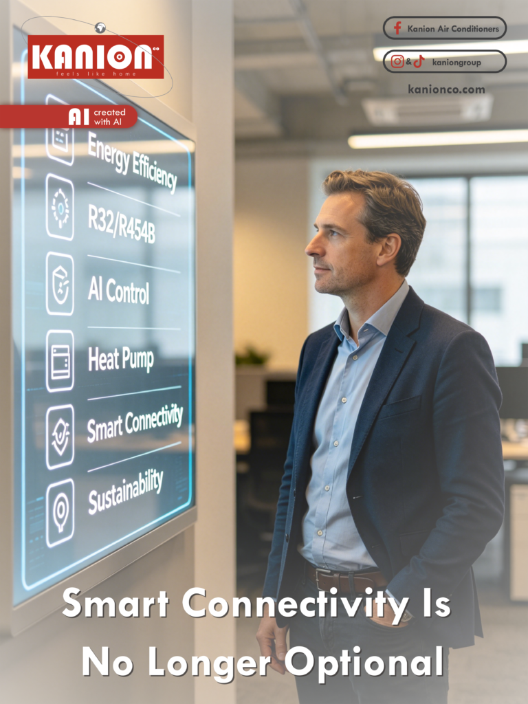 Business professional reviewing smart HVAC features, including AI control, R32 and R454B refrigerants, heat pumps, smart connectivity, and energy-efficient air conditioning systems.