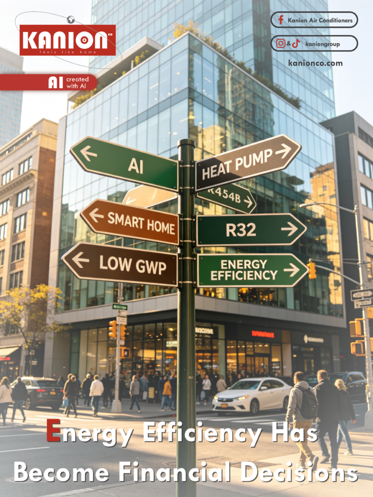 Street sign illustrating key HVAC trends in 2026, including energy efficiency, AI, R32 refrigerant, heat pumps, smart homes, and low-GWP air conditioning solutions.