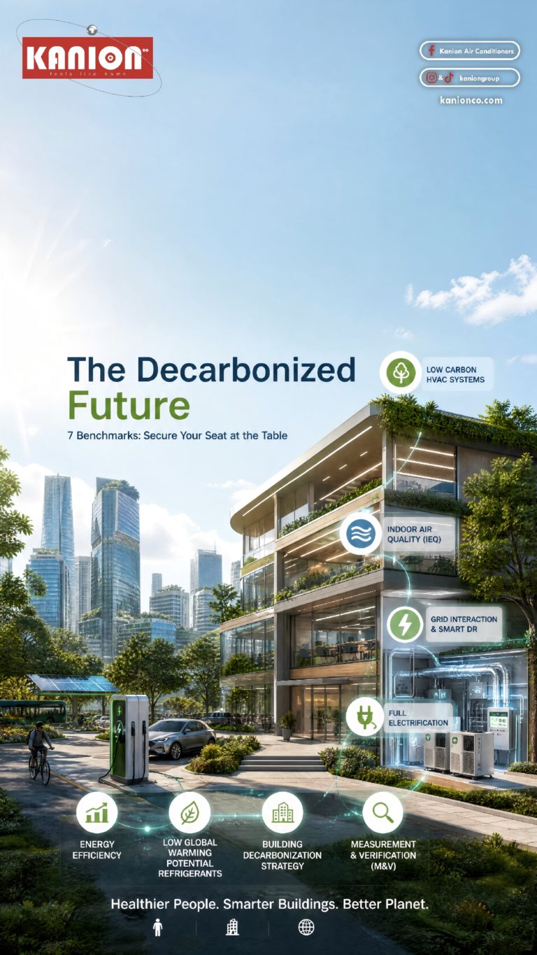 Modern green building facade showcasing Kanion low carbon HVAC systems and 7 sustainability benchmarks.