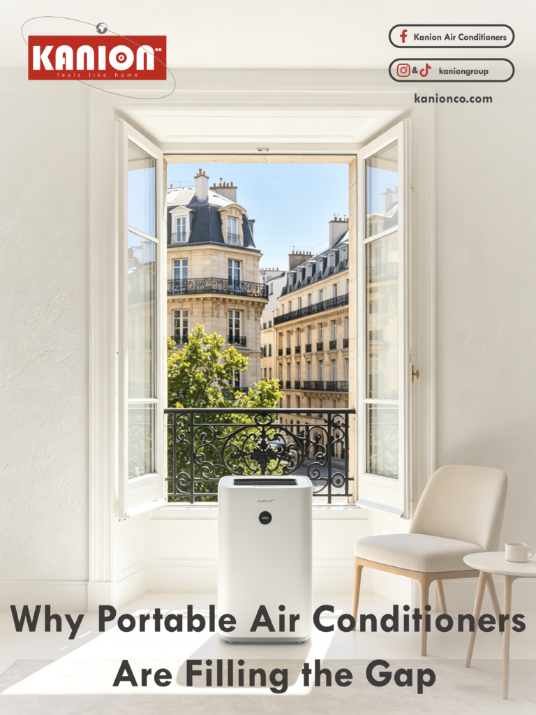 Portable air conditioner providing temporary cooling in a European apartment during extreme summer heat, offering a practical solution where split AC installation is difficult.