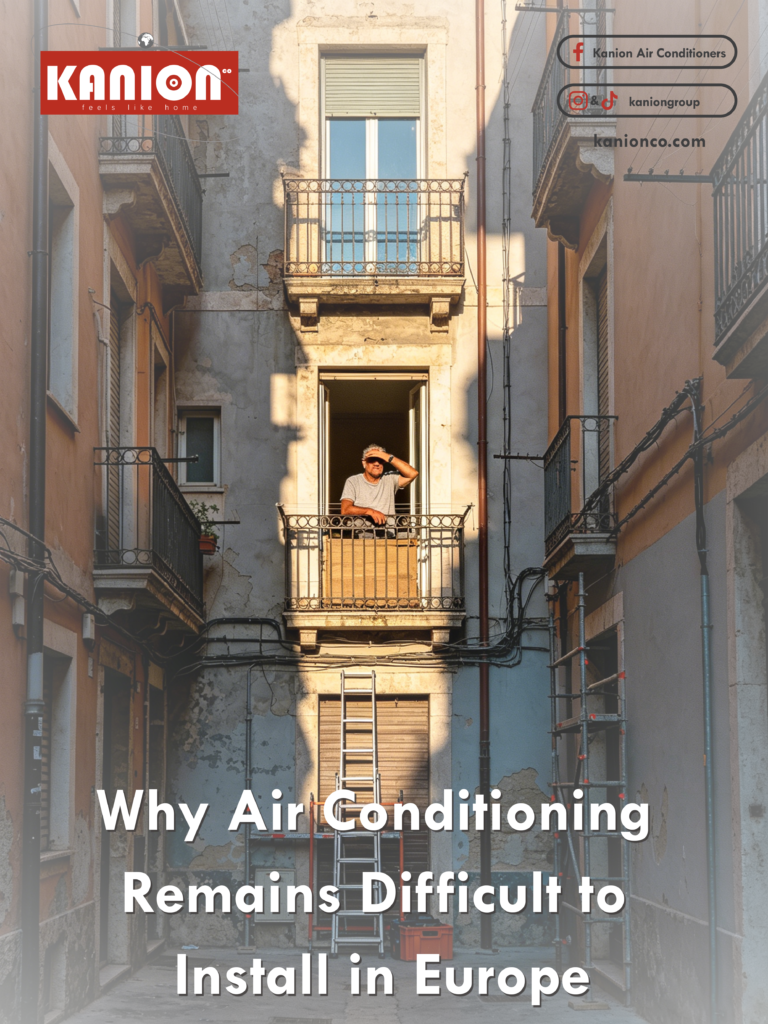 Illustration highlighting the challenges of installing air conditioning in Europe, including historic buildings, regulations, high installation costs, and limited technical support.