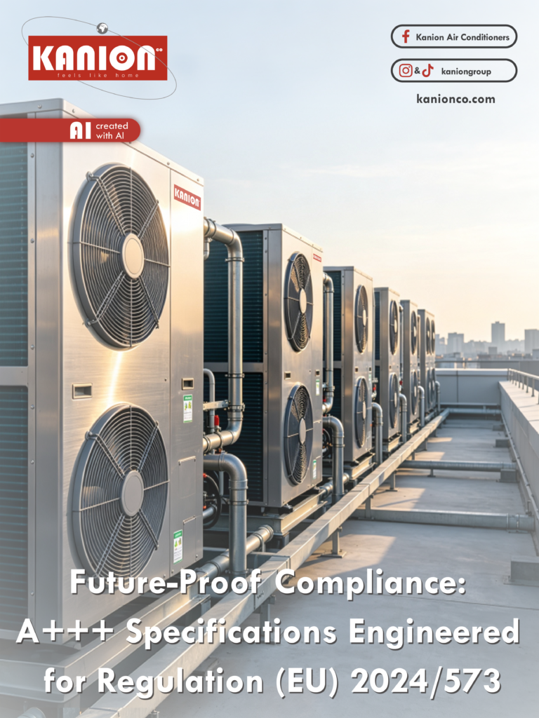 Row of outdoor commercial central air conditioning heat pump units on a city rooftop.